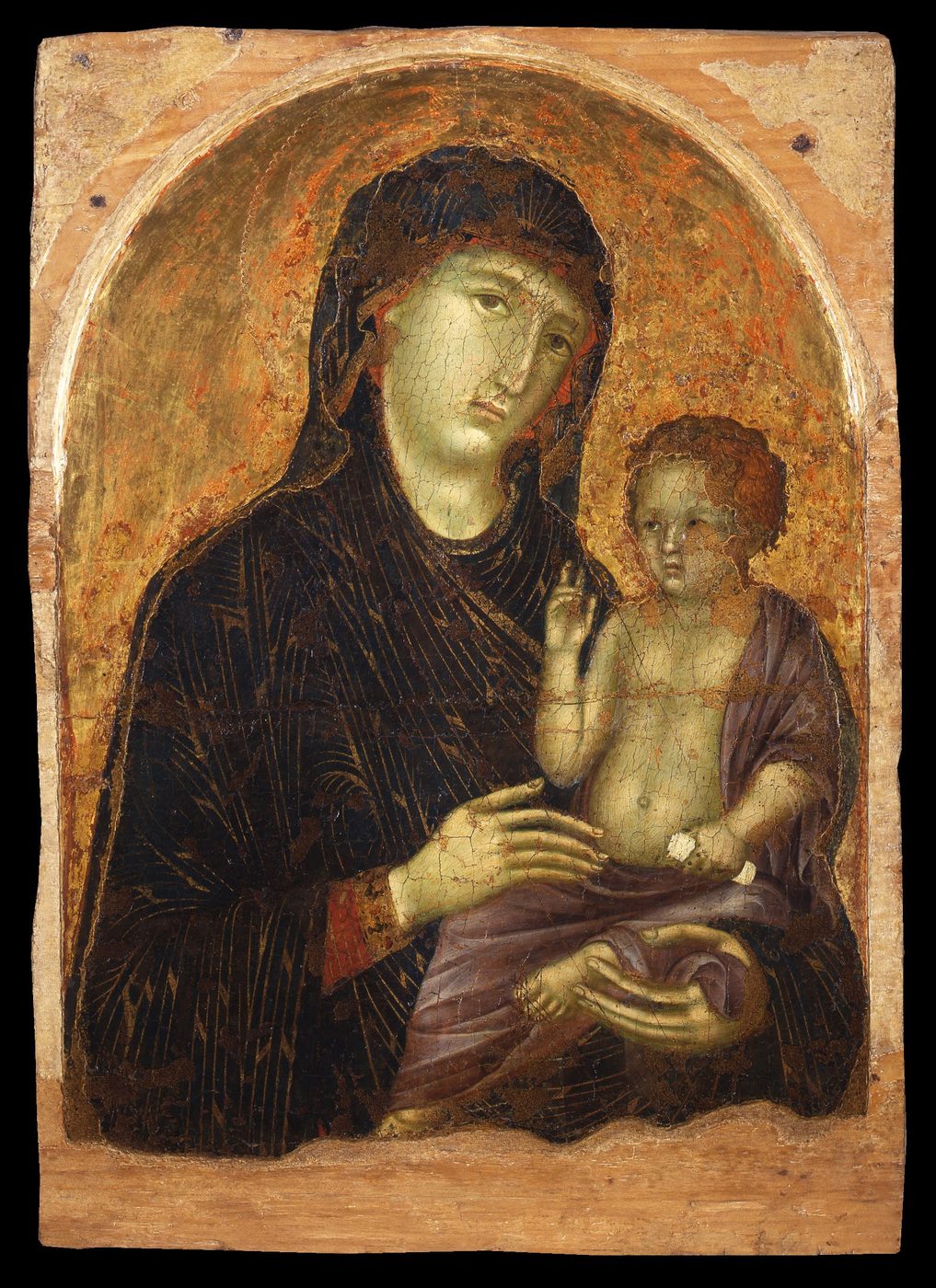Gold-ground panel of Mary holding the child Jesus, who reaches up to draw back her veil while she looks steadily outward.