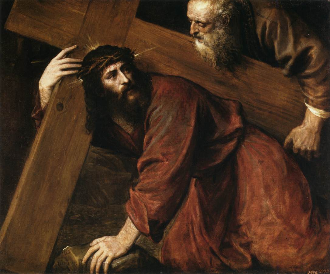 Painting of Christ under the weight of the cross, shown close and in shadow, his face turned toward the viewer without any display of violence.