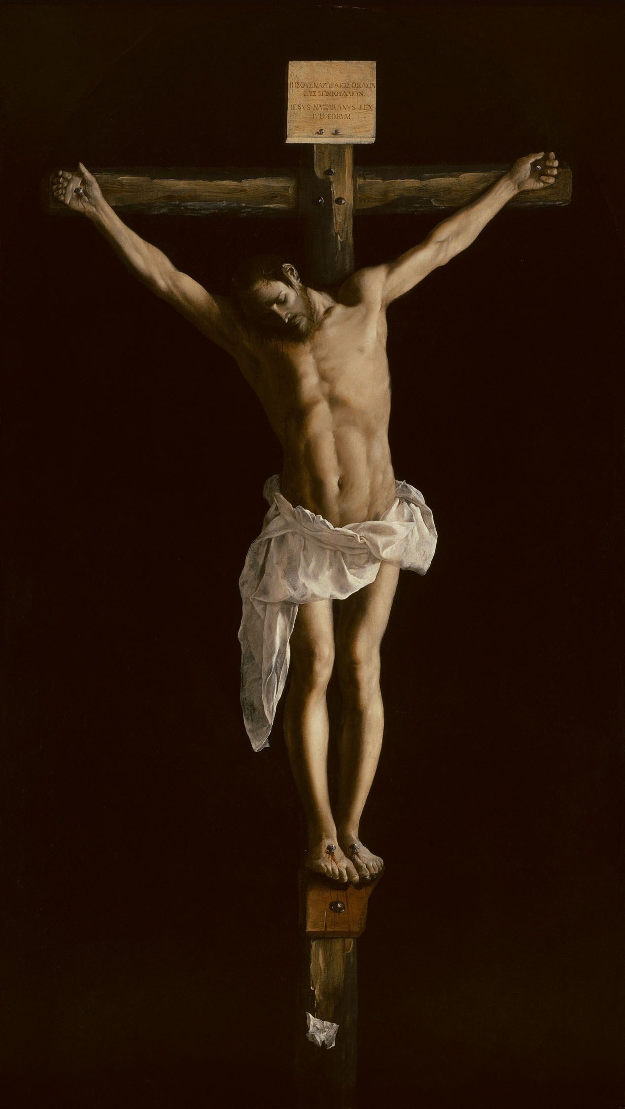 Restrained painting of Christ on the cross against a dark ground, the body lit quietly and shown without graphic wounds.