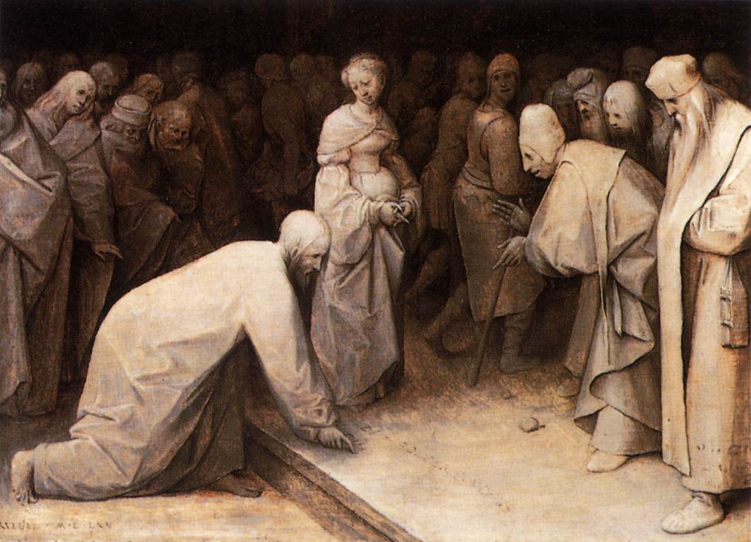 Monochrome painting of Christ stooping to write on the ground between a crowd of accusers and a woman standing quietly with her head bowed.