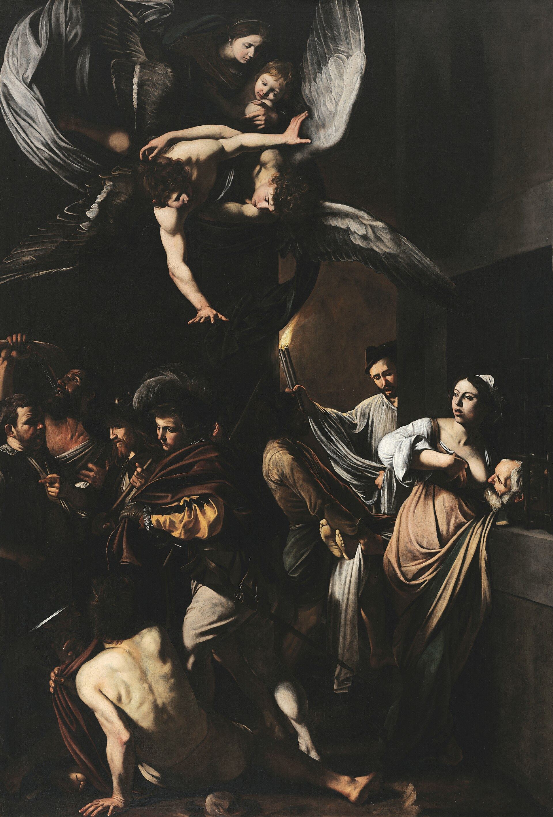 Crowded altarpiece painted for a Naples charity, showing ordinary people feeding the hungry, giving drink, clothing the naked, sheltering a stranger, visiting a prisoner, and burying the dead, with Mary and the child above them.
